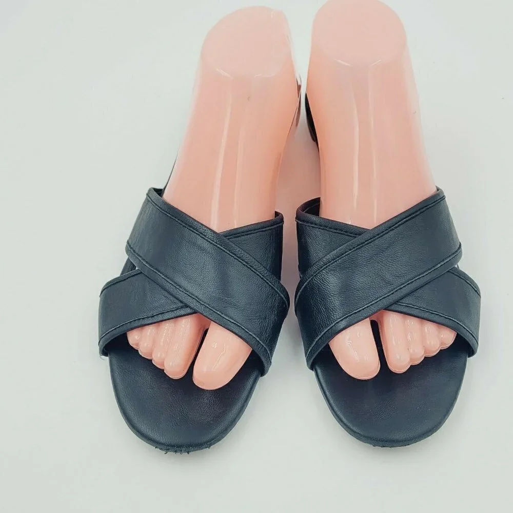 J. Crew Cora Black Leather Two Strap Slide Sandals Size 9
